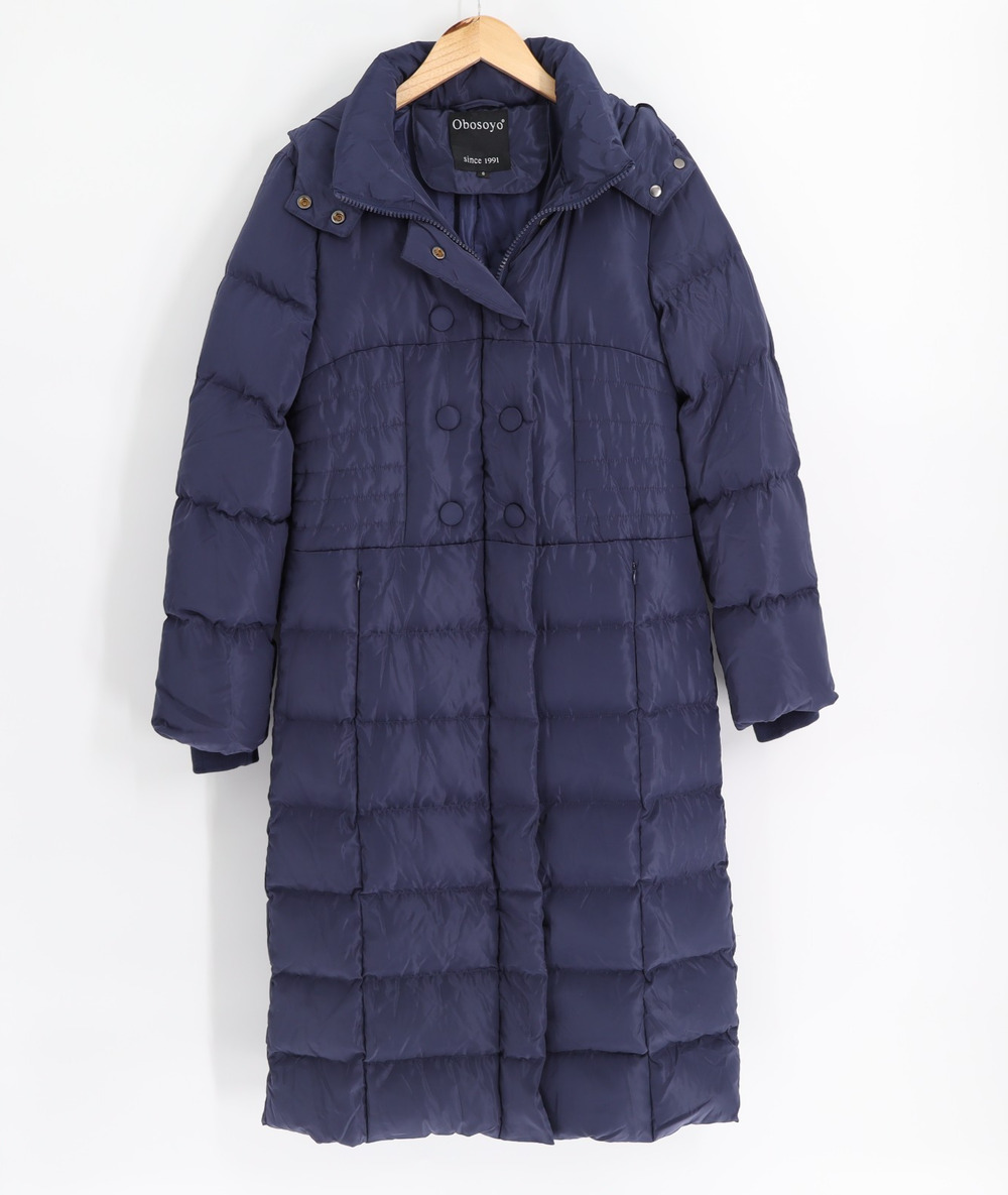 Obosoyo Women’s Long Down Puffer Coat Navy Hooded 90% Down Size S NWT
